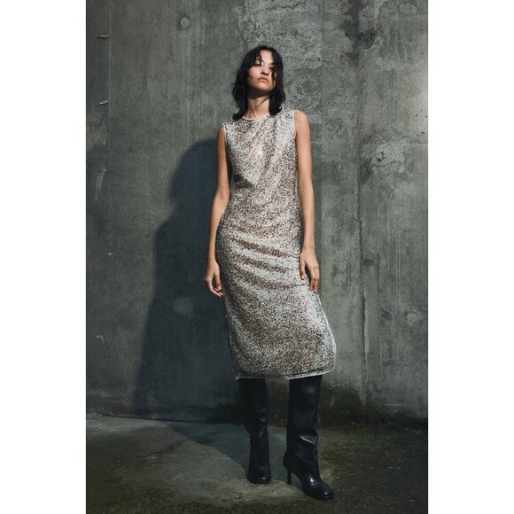NWT Zara silver sequin applique midi dress, XS - Picture 1 of 15